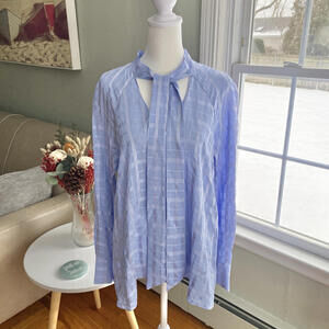Pearl By Lela Rose Womens Long Sleeve V Neck‎ Blouse Blue Size XS Neck Tie